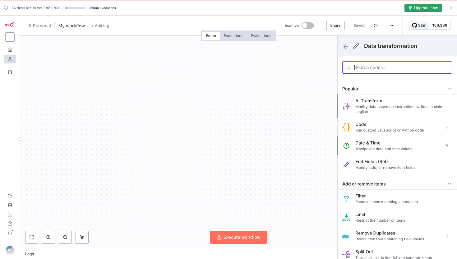 n8n workflow editor with the data transformation node panel